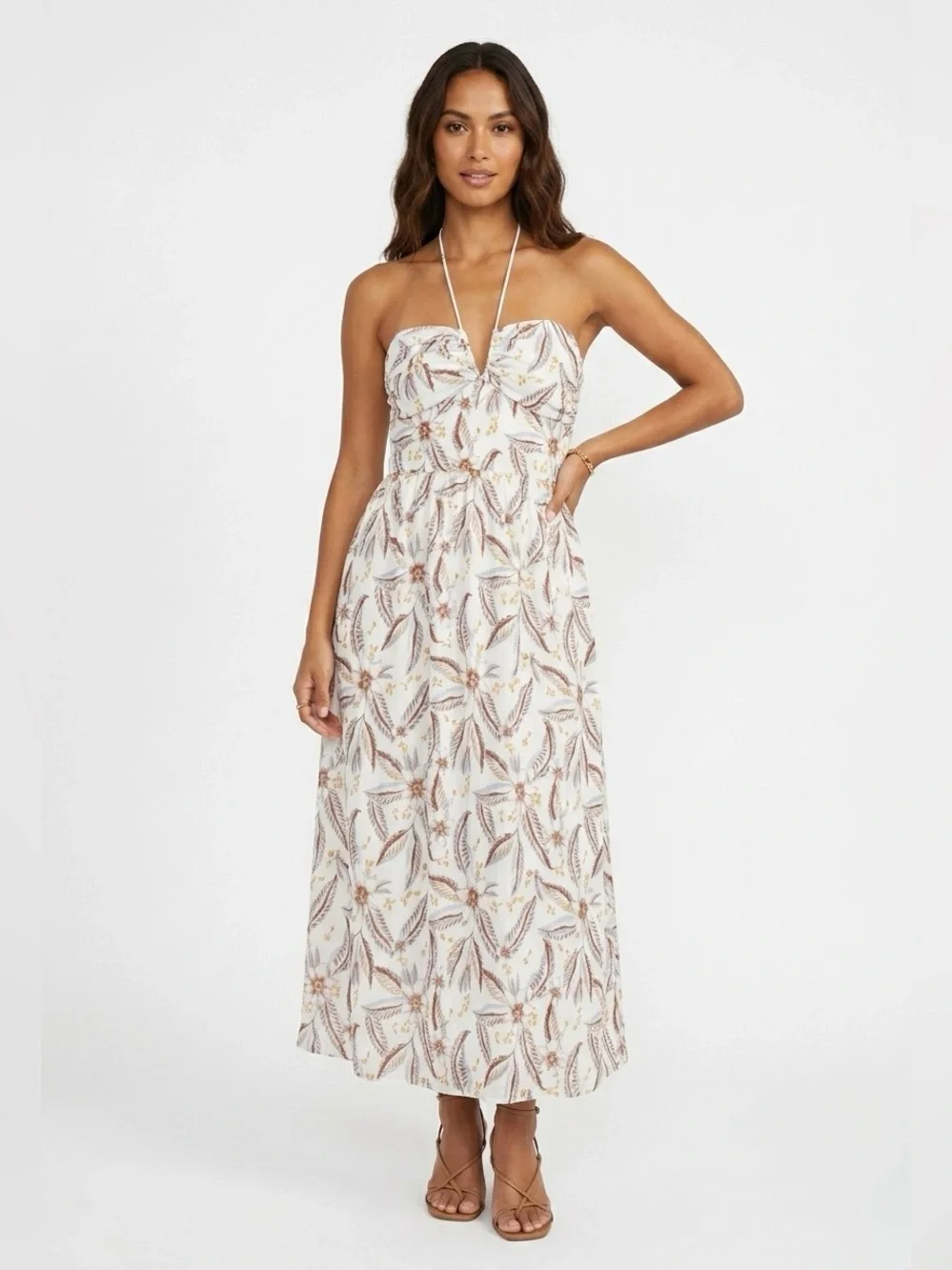 Gentle Fawn Floral Paisley Midi Dress Strappy V-Neck Boho Summer Cream Large L - Picture 10 of 10